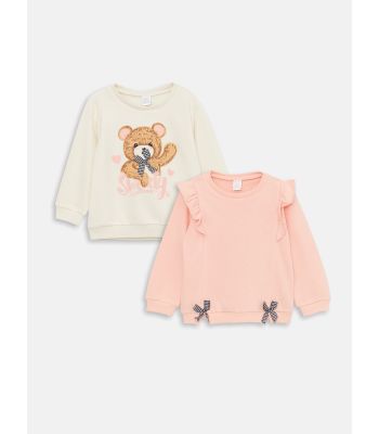 Crew Neck Long Sleeve Printed Baby Girl Sweatshirt 2 Pieces