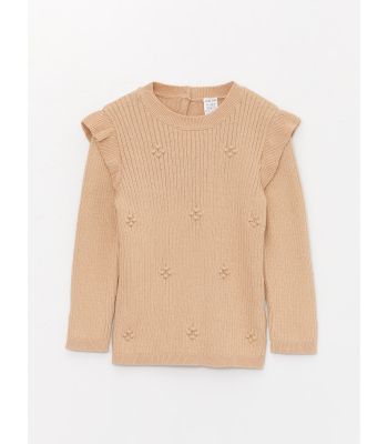 Crew Neck Long Sleeve Self Patterned Baby Girl Tricot Sweater