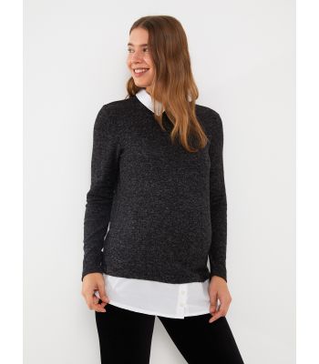 Shirt Collar Plain Long Sleeve Maternity T-Shirt