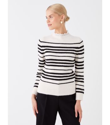 Crew Neck Striped Long Sleeve Women's Tricot Sweater