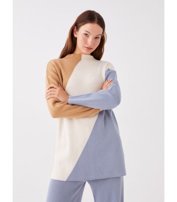 Half Turtleneck Color Block Long Sleeve Oversize Women's Knitwear Tunic