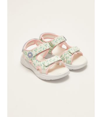 Double Band Patterned Hook and Loop Girls' Sandals