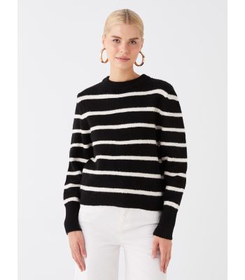 Crew Neck Striped Long Sleeve Women's Tricot Sweater
