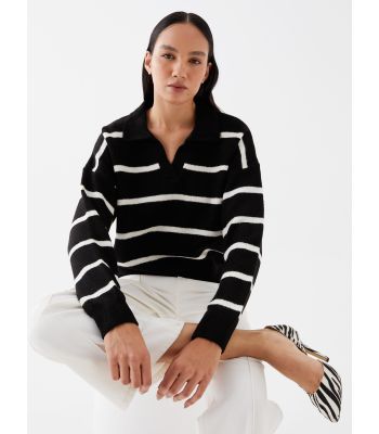 Polo Neck Striped Long-Sleeve Oversized Women's Knitwear Sweater