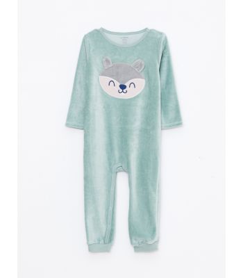 Crew Neck Long Sleeve Embroidery Detailed Baby Boy Velvet Jumpsuit