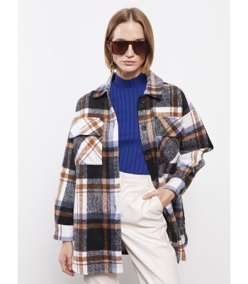 Buttoned Plaid Long Sleeve Gabardine Women's Shirt Jacket