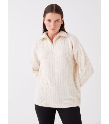 Jacket Collar Self-Patterned Long Sleeve Women's Knit Sweater