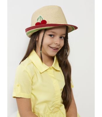 Girl's Straw Fedora Hat With Cherry Appliqué