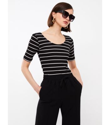 Women's U-Neck Striped Short Sleeve T-Shirt
