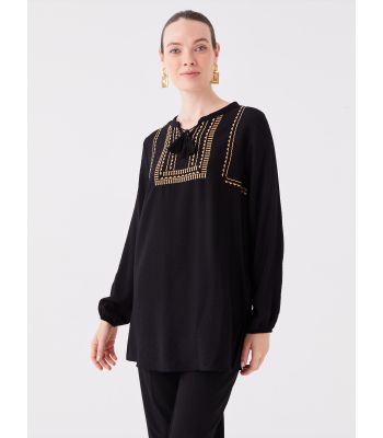 Tie Collar Patterned Long Sleeve Women's Tunic