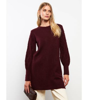 Crew Neck Self Patterned Long Sleeve Women's Tricot Tunic