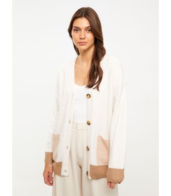 V Neck Long Sleeve Women's Tricot Cardigan with Color Block