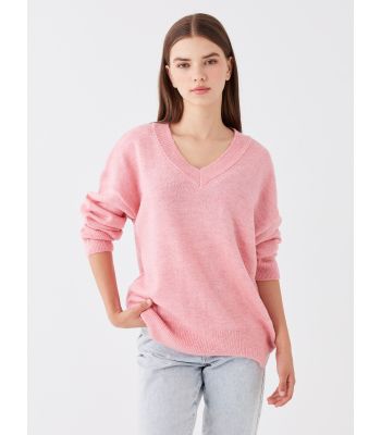 V-Neck Straight Long Sleeve Oversize Women's Knitwear Sweater