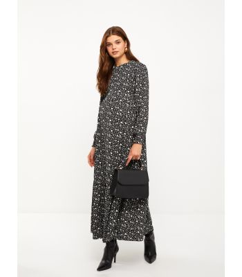 Crew Neck Patterned Long Sleeve Crinkle Maternity Dress