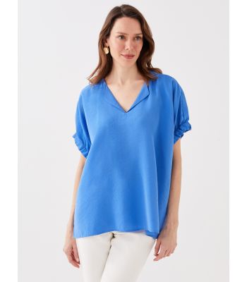 Henley Neckline Straight Short Sleeve Women Blouse