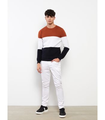 Crew Neck Long Sleeve Men's Tricot Sweater with Color Block