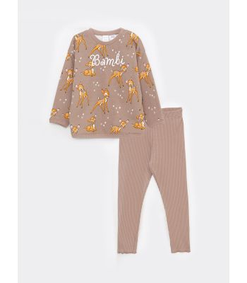 Crew Neck Long Sleeved Bambi Printed Baby Girl Sweatshirt and Leggings 2-Pack Set