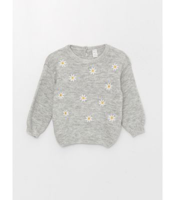 Crew Neck Embroidered Baby Girl Knitwear Sweater