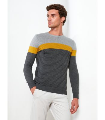 Crew Neck Long Sleeve Men's Tricot Sweater with Color Block