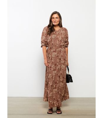 Crew Neck Patterned Long Sleeve Viscose Women's Dress