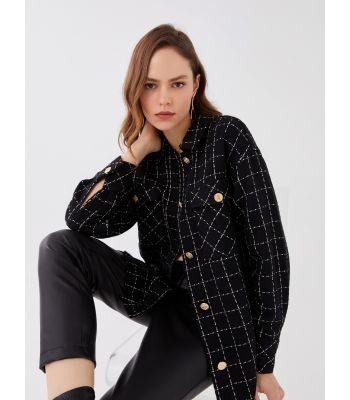 Patterned Long Sleeve Tweed Oversize Women's Shirt Jacket