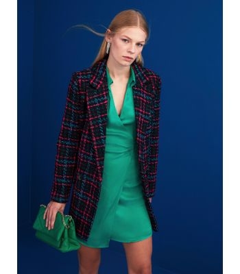 Front Button Closure Plaid Long Sleeve Tweed Women's Blazer Jacket