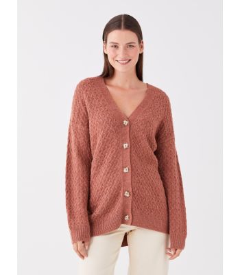 V Neck Self Patterned Long Sleeve Women's Tricot Cardigan