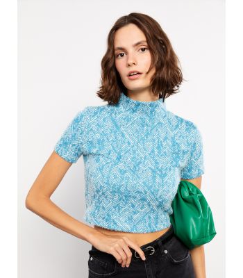 Half Turtleneck Patterned Short Sleeve Crop Women's Tricot Sweater