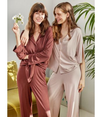 Shirt Neck Regular Long Sleeve Women's Pajama Set