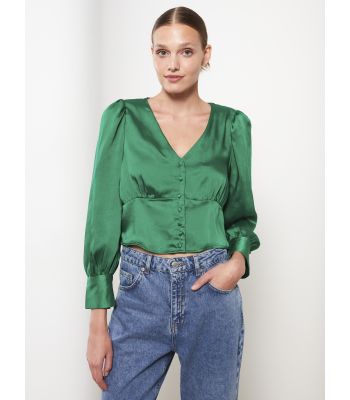 V-Neck Straight Long Sleeve Satin Women's Blouse