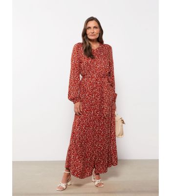 Crew Neck Patterned Long Sleeve A Cut Viscose Women's Dress