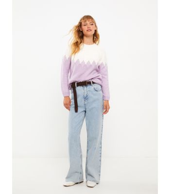 Crew Neck Women's Tricot Sweater with Color Block