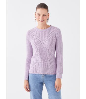 Crew Neck Ajour Long Sleeve Women's Tricot Sweater