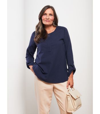 Crew Neck Embroidered Long Sleeve Cotton Women's Blouse