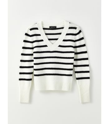 V-Neck Striped Long Sleeve Women's Knitwear Sweater
