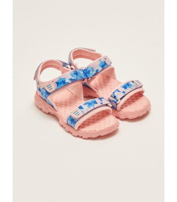 Double Band Patterned Hook and Loop Girls' Sandals