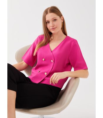 V Neck Straight Short Sleeve Viscose Women's Blouse
