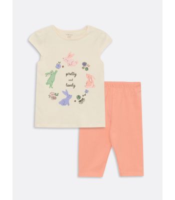 Crew Neck Printed Baby Girl Pajamas Set