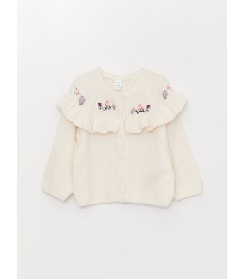 Crew Neck Floral Embroidered Baby Girl Knitwear Cardigan