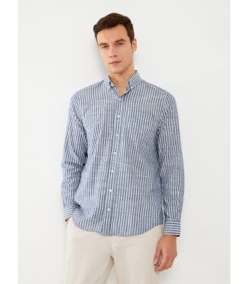 Regular Fit Long Sleeve Striped Poplin Men's Shirt
