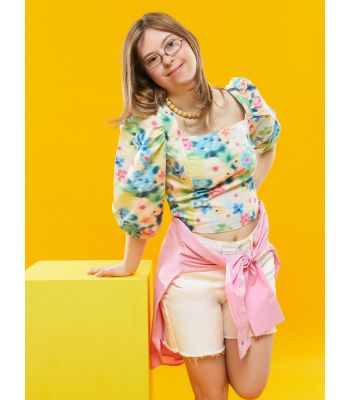 Square Collar Straight Balloon Sleeve Crop Women's Blouse