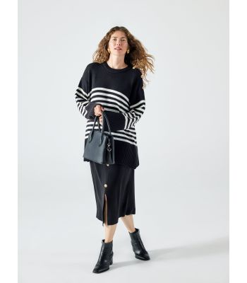 Crew Neck Striped Long Sleeve Oversize Women's Knitwear Sweater