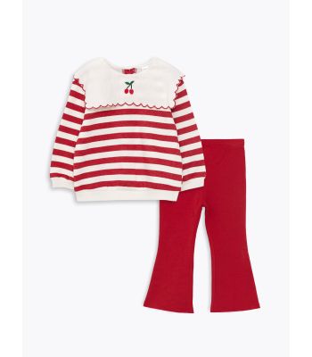 Crew Neck Long Sleeve Striped Baby Girl Sweatshirt and Tights 2-Pack Set