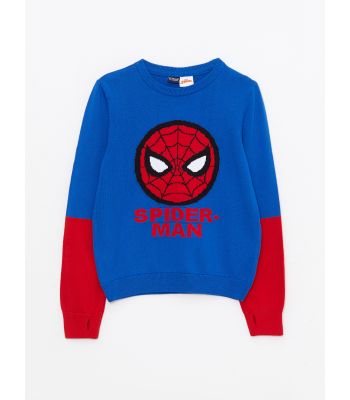 Crew Neck Spiderman Patterned Long Sleeve Boy Tricot Sweater
