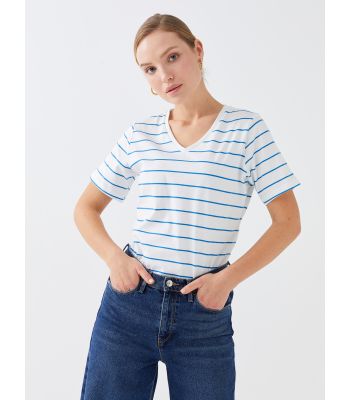 V Neck Striped Short Sleeve Women T-Shirt