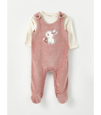 Crew Neck Embroidery Detailed Baby Girl Bib and Brace and Body with Snap Crotch 2-Pack Set