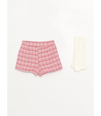 Elastic Waist Plaid Patterned Baby Girl Shorts and Pantyhose 2-Pack Set