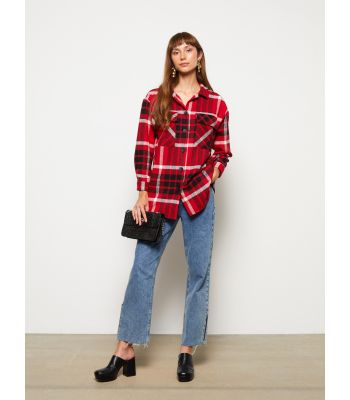 Buttoned Plaid Long Sleeve Gabardine Women's Shirt Jacket