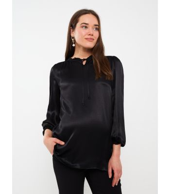 Tie Collar Self Patterned Long Sleeve Maternity Blouse