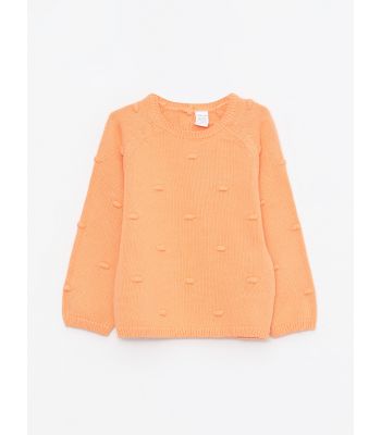 Crew Neck Long Sleeve Self Patterned Baby Girl Tricot Sweater